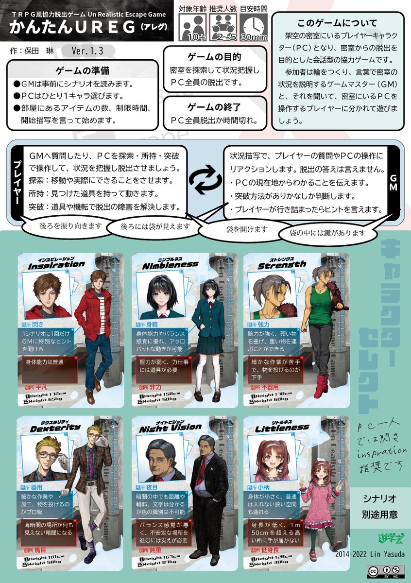 自薦です! ゲームマーケット2023春新作、TRPG風協力脱出ゲームUREG『アレグリメイク』は、キャラクターカードセット、アイテムカードセット計64枚に加え40シナリオ以上のルールブックで、ゲムマ特別価格2500円。  ■2人～ ■1ゲーム30分以内 ■判定なしのシンプルルール  #ゲムマ2023春 #UREG