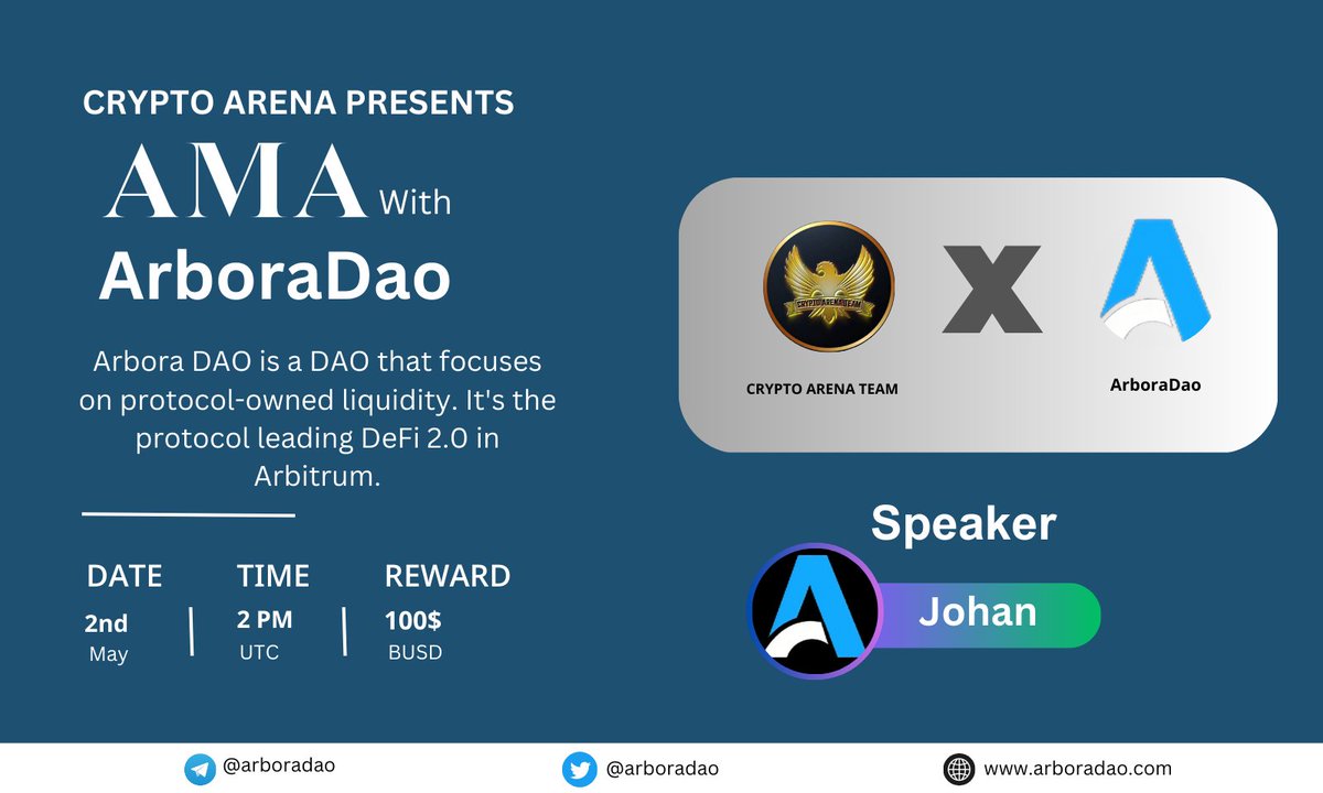 CryptoArena_Co's tweet photo. 🕊CRYPTO ARENA TEAM AMA Series With ArboraDao |

🎁Prize: $100 BUSD
📆Date: 2nd May 02:00 PM UTC.
🏨 Venue: https://t.co/kLfMFRfACP

〽️ Rules:

1️⃣. Follow 
@ArenaAirdrop
  &amp;
@ArboraDao
2️⃣. Like Retweet &amp; Comment Your Questions. https://t.co/xrx1kDXDA2