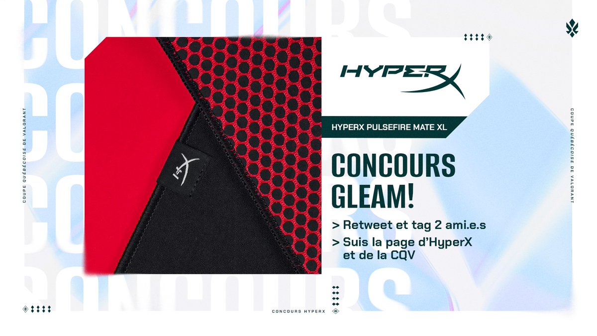 CQV_Officiel's tweet photo. Courrez la chance de gagner un HyperX Pulsefire Mate XL! Suivez les instructions pour participer :

1) Suivre @Valo_QC et @HyperX
2) Aimer et retweeter
3) Tagger 2 amis
4) Confirmez votre participation : https://t.co/TaDoUPhj1c

#ValoQC #VALORANT #CONCOURS https://t.co/bFiftEWooi