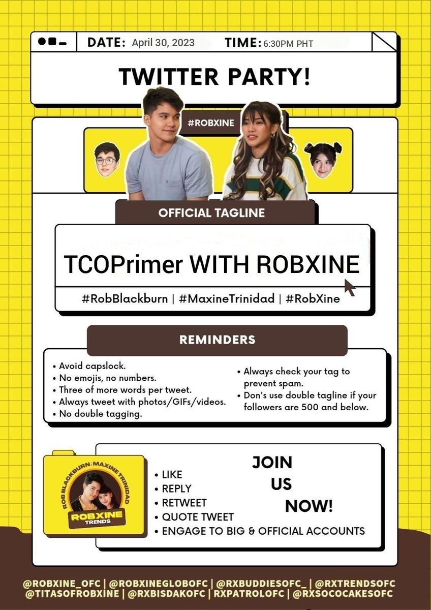 Our Twitter Party starts now!

Reminders: 
- No numbers 
- Minimum of three words per tweet
- No emojis
- No double tagging
- No all caps

Tweet • Retweet • Requote • Reply

TCOPrimer WITH ROBXINE
#RobXine
#RobBlackburn | #MaxineTrinidad