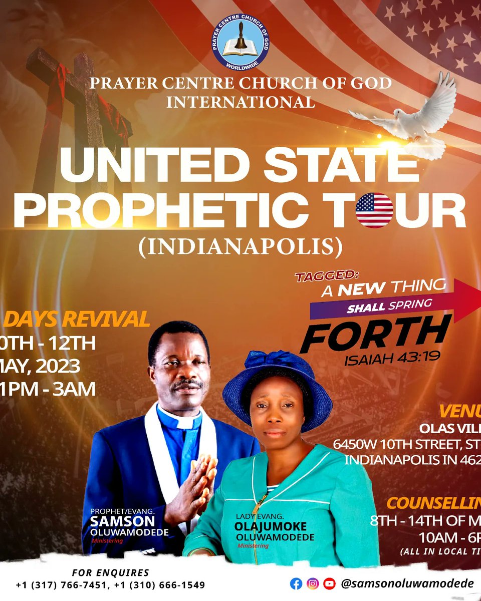 PEOluwamodede's tweet photo. Get Ready As The God PRAYER CENTRE CHURCH OF GOD is About To Visit The Land OF United States of America 🇺🇸 
Join Prophet Samson Oluwamodede and Lady Evangelist jumoke Oluwamodede on This Prophetic Tour.

#Samsonoluwamodede 
#pccg
#firerevival https://t.co/nMfJq4ZDnn
