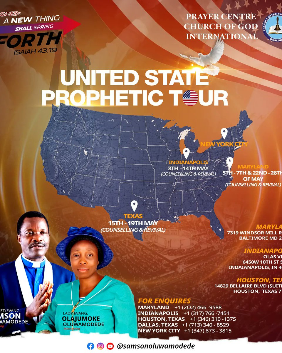 PEOluwamodede's tweet photo. Get Ready As The God PRAYER CENTRE CHURCH OF GOD is About To Visit The Land OF United States of America 🇺🇸 
Join Prophet Samson Oluwamodede and Lady Evangelist jumoke Oluwamodede on This Prophetic Tour.

#Samsonoluwamodede 
#pccg
#firerevival https://t.co/nMfJq4ZDnn