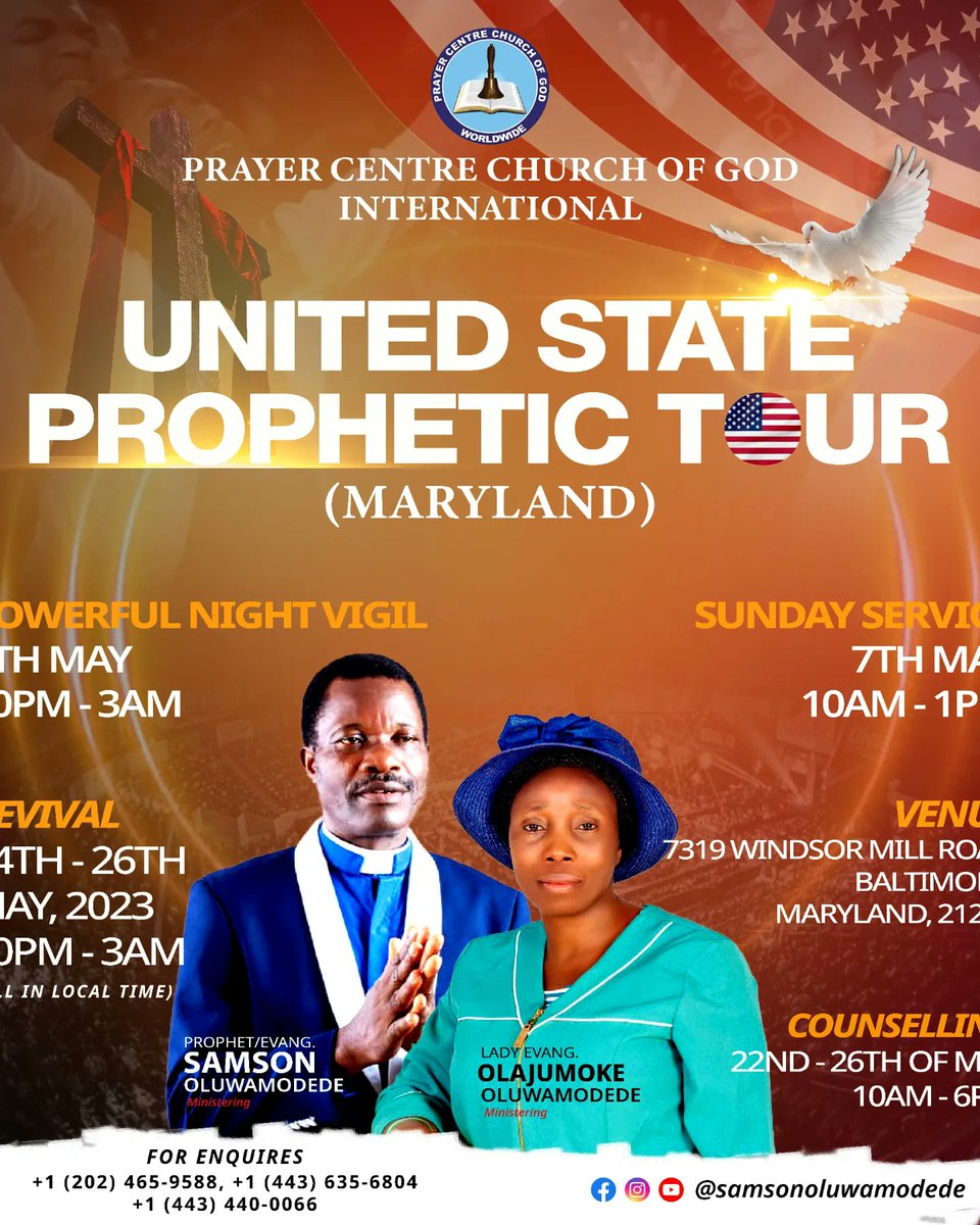 PEOluwamodede's tweet photo. Get Ready As The God PRAYER CENTRE CHURCH OF GOD is About To Visit The Land OF United States of America 🇺🇸 
Join Prophet Samson Oluwamodede and Lady Evangelist jumoke Oluwamodede on This Prophetic Tour.

#Samsonoluwamodede 
#pccg
#firerevival https://t.co/nMfJq4ZDnn