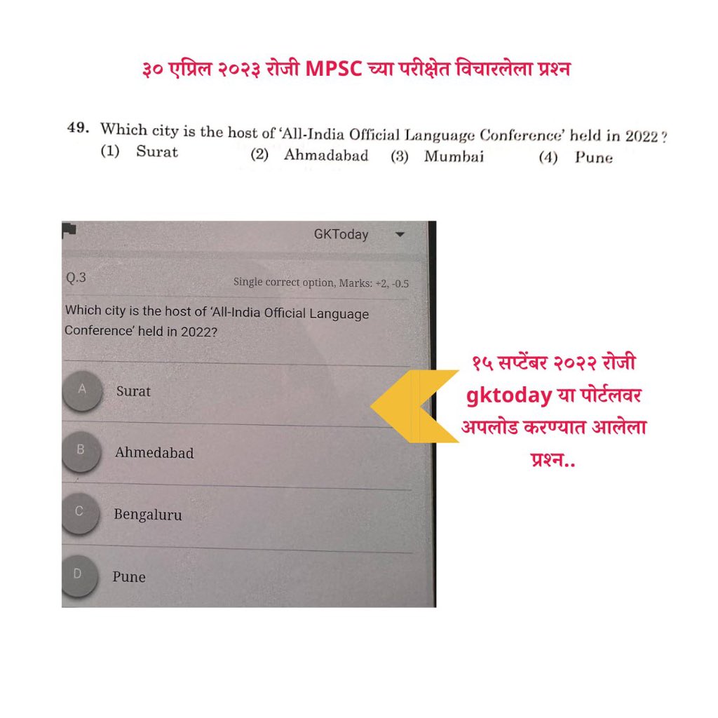 MpscMantra's tweet photo. कधी थांबणार @mpsc_office आयोगाचा हा सावळा गोंधळ.. आज झालेल्या संयुक्त पूर्व परिक्षेत चालू घडामोडींचे प्रश्न जश्यास तसे एका खाजगी पोर्टलवरून कॉपी करण्यात आले आहेत… एवढ्या मोठ्या स्तरावर परीक्षा घेणाऱ्या आयोगाला १०० प्रश्न नीट काढता येत नाहीत? (१/२)
@abpmajhatv @TV9Marathi https://t.co/07GNFpxBtI