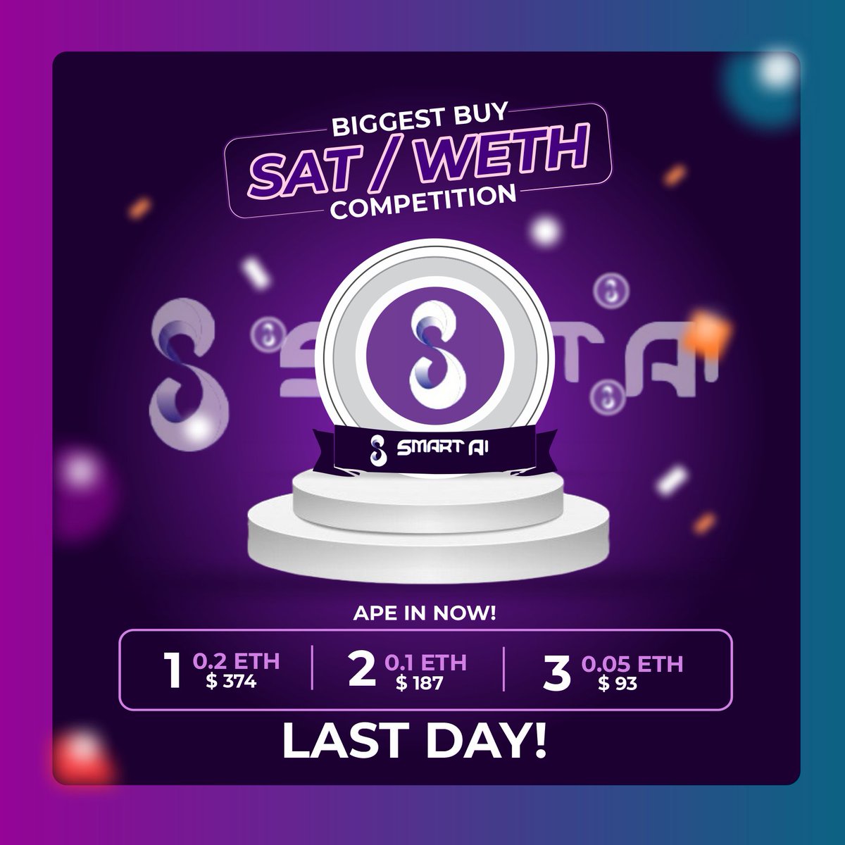 Slimzuby's tweet photo. 🔰 SAT/WETH Biggest Buy Competition is live!

🕡 Ending today! (UTC): 2023-04-30 21:00:00
💲 Minimum Buy: 0.1 WETH

1️⃣ First Prize: 0.2 ETH
2️⃣ Second Prize: 0.1 ETH
3️⃣ Third Prize: 0.05 ETH

@SmartAiToken #SAT https://t.co/PLpuadLOxK