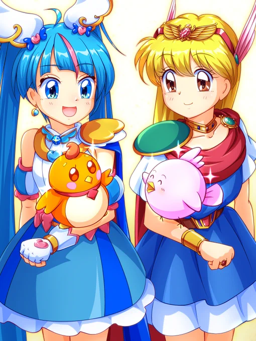キュアスカイとツバサくん&マジカルプリンセスとピー助。勝手にコラボイラストをよろしかったらどうぞ! #precure #ひろプリ #赤ずきんチャチャ