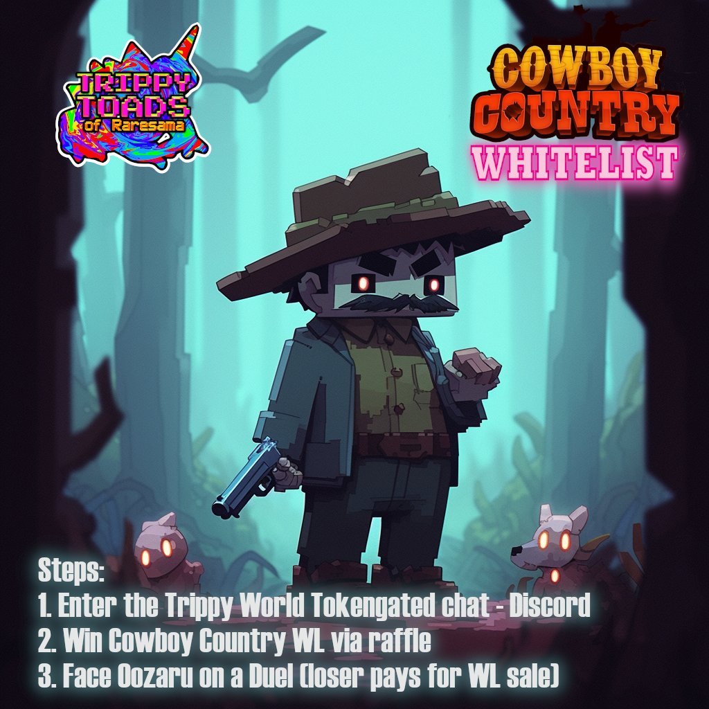 Trippy Toads 🐸 (@ttoadsnft) on Twitter photo A lonely cowboy got lost in the Trippy World...
<a href="/CowboyC_NFT/">Cowboy Country ™</a> launching soon at <a href="/RaresamaNFT/">Raresama - NFT Marketplace</a> is sharing 1x WL spot among TOAD HOLDERS 🐸
WL raffle via our Discord tokengated chat + winner will face <a href="/oozaru_sama/">oozaru</a> in a deadly duel for A CHANCE to get this cowboy NFT for FREE! A lonely cowboy got lost in the Trippy World...
<a href="/CowboyC_NFT/">Cowboy Country ™</a> launching soon at <a href="/RaresamaNFT/">Raresama - NFT Marketplace</a> is sharing 1x WL spot among TOAD HOLDERS 🐸
WL raffle via our Discord tokengated chat + winner will face <a href="/oozaru_sama/">oozaru</a> in a deadly duel for A CHANCE to get this cowboy NFT for FREE!