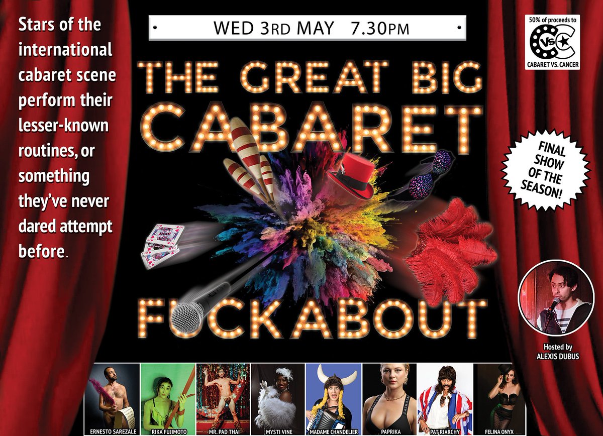 Last one of the season this Wednesday <a href="/BGWMC/">BETHNAL GREEN WMC</a> 
Raising money for <a href="/cabaretVScancer/">Cabaret vs Cancer</a>
Comedy! Cabaret! Opera! Nudity! Aerial! Butoh! Drag!
<a href="/sarezale/">Ernesto Sarezale @sarezale.bsky.social</a> 
<a href="/MystiVine/">The Real Mysti Vine💙🇨🇦🇧🇧</a>
<a href="/MadameOpera/">Madame Chandelier Saves Opera #edfringe</a>
<a href="/DoraPeregrina/">Dora Peregrina</a>
<a href="/FelinaOnyx/">Felina Onyx</a>
Pat Riarchy
Rika Fujimoto
Mr. Pad Thai
…ig-cabaret-fckabout.designmynight.com