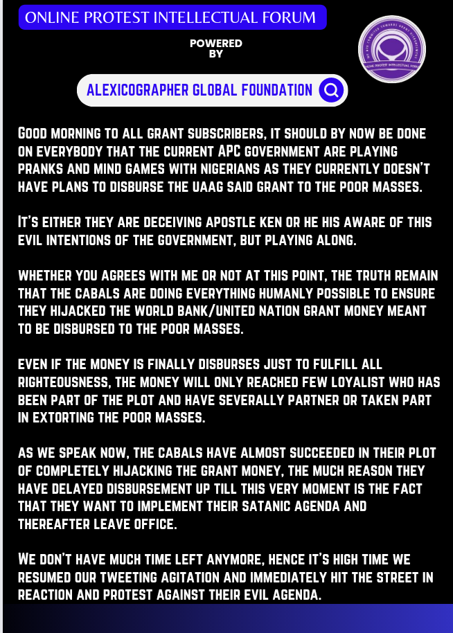 It is currently obvious that the plan of the Govt is to hijacked UAAG/UN grant meant for the poor masses.
Less than a month to leave office they are still head bent not to release it to the poor masses.
Nigerians wake up &amp; fight now
<a href="/MBuhari/">Muhammadu Buhari</a>
@ProfOsinbajo1
<a href="/ARISEtv/">ARISE NEWS</a>
<a href="/UN/">United Nations</a>
<a href="/WorldBank/">World Bank</a>