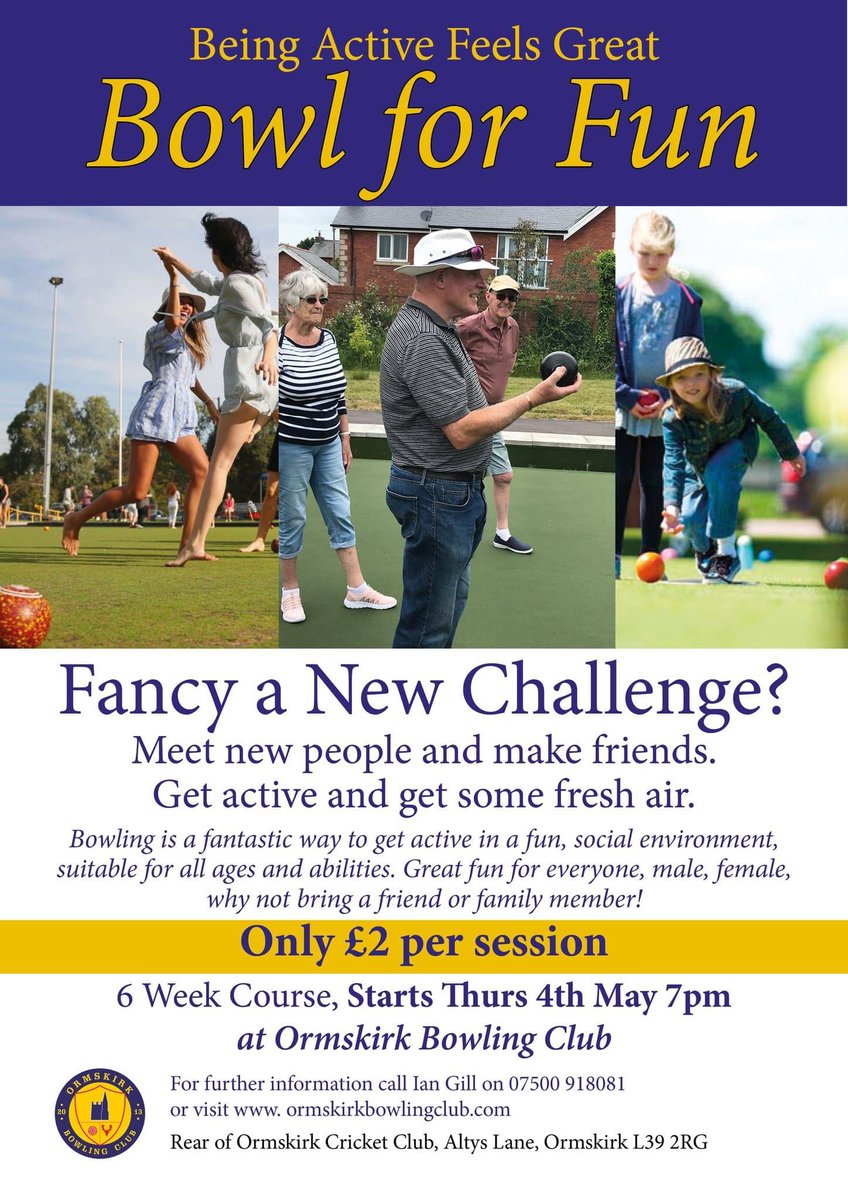 Ormskirk Bowling Club is starting a 6 week series of sessions to help you meet new people, learn a new skill and get a bit of gentle exercise.  Starts Thurs 4th May at 7pm.  Register your details at ormskirkbowlingclub.com/interested-in-… and we will contact you with further information.