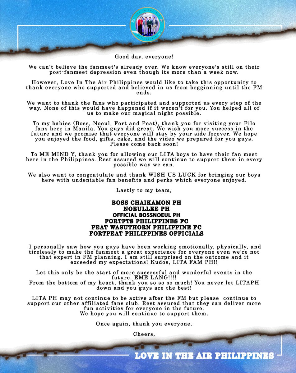 LoveInTheAirPH's tweet photo. In behalf of LITA PH, we would like to say thank you to everyone. For the trust,  loved and support you've shown from the start whilst we are planning for Love In The Air Fan Meeting here in Manila.

Again, Maraming Salamat po! 

@Bossckm_ 
@Noeul_lee6 
@fort_fts 
@peatwasu https://t.co/qg4rUr2Tr5
