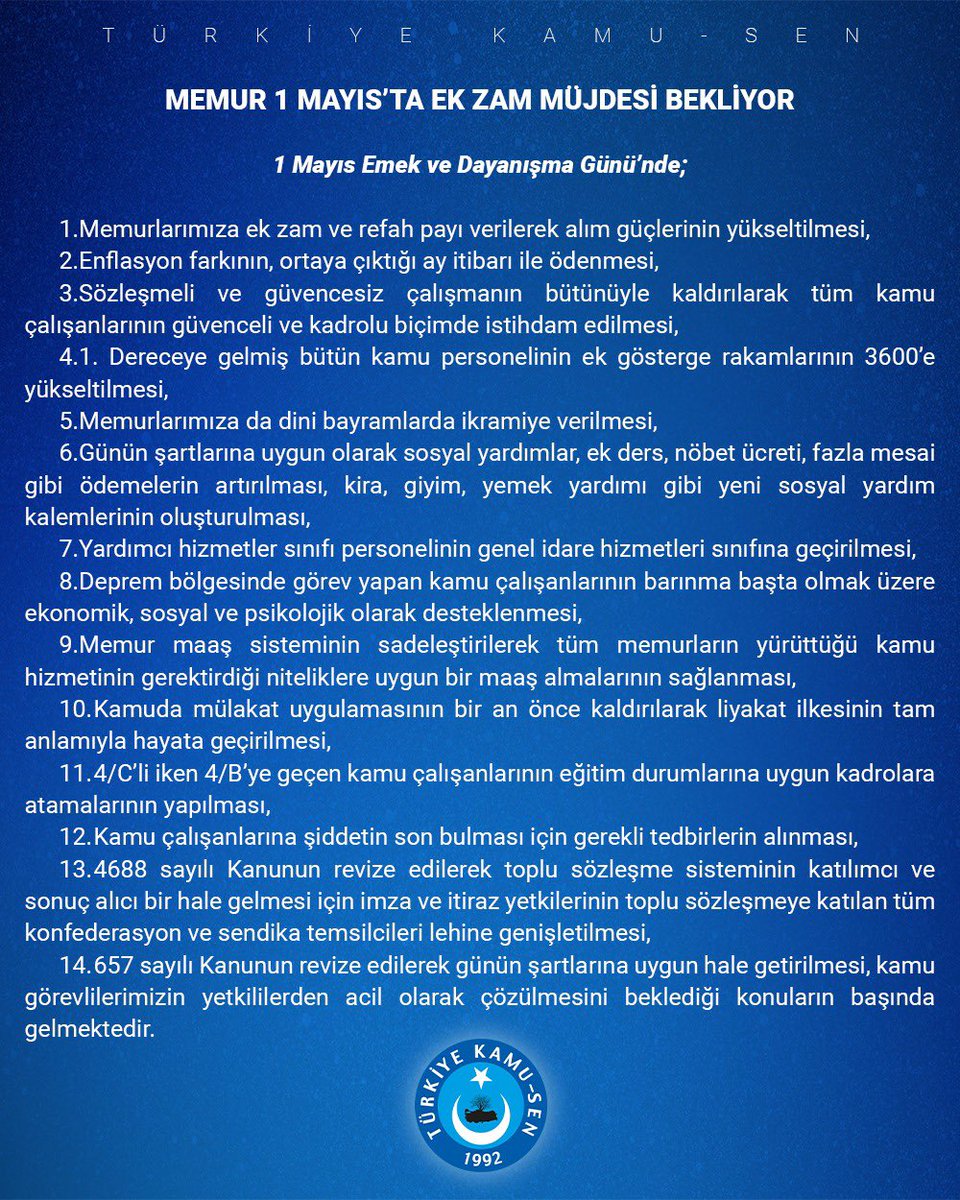 1️⃣
#1Mayıs Bayram Olsun!

Son günlerde değişik toplum kesimlerine yönelik iyileştirmelerle müjdeler açıklayan CB Sayın <a href="/RTErdogan/">Recep Tayyip Erdoğan</a> ’dan 1 Mayıs Emek ve Dayanışma Günü’nde memurumuz için de müjde bekliyoruz.
1 MAYIS EMEK VE DAYANIŞMA GÜNÜ KUTLU OLSUN!
<a href="/tcbestepe/">T.C. Cumhurbaşkanlığı</a>  ⤵️