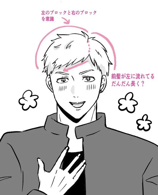 @BOFIBhmLeka8a9z 沙奈美さんのアイコンの佐古くんも可愛いです💖💖さこくんは髪が短いし、目も大きめに描くのも違うけど三白眼でもないし難しいですよね😭💦髪型は前髪の分け目から左に流してる範囲が多いのと、短いので頭の丸みも意識するとそれっぽくなるかもです…説明が下手ですいません💦 