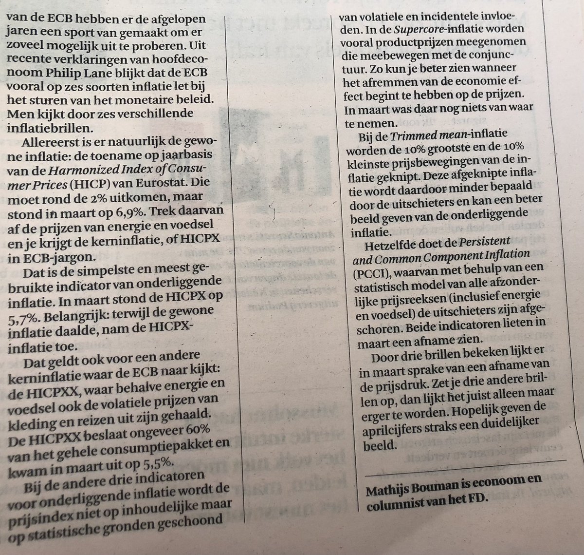 JerryStraubTjon's tweet photo. Weer informatief artikel in @FD_Nieuws van @mathijsbouman Inflatie is toch gewoon inflatie!? Dus niet! Zo kijkt de ECB met maar liefst zes verschillende brillen naar de inflatie. Nee, daar zit geen duikbril of zonnebril bij. #inflatie #ecb https://t.co/607nfKy2zH