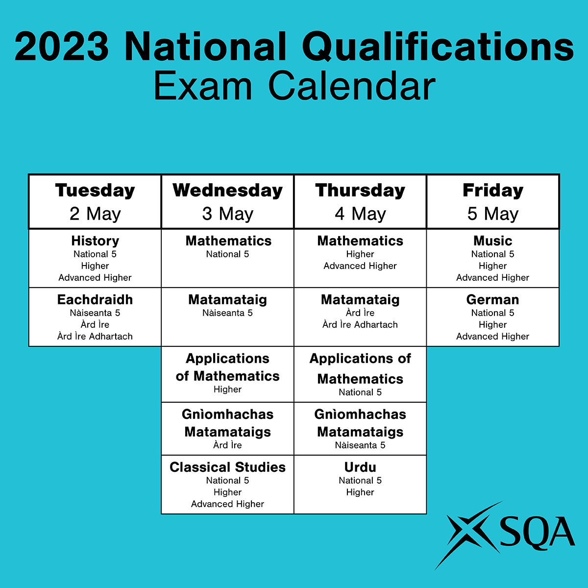 sqanews's tweet photo. Wishing all candidates across Scotland the best of luck as they prepare to sit their #SQAexams next week. 👏

🗓️ Here is next week’s schedule. https://t.co/YLORPx9WuZ