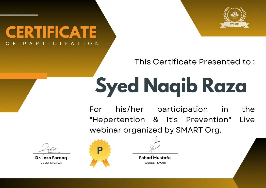 SMARTOfficial12's tweet photo. Certificate disbursement to participants of " Hypertension &amp; It's Prevention" online webinar conducted by SMART.

#SMART
#InnovationForNation 
#Hypertention
#prevention
#CertificatesDistribution https://t.co/fmARghhZig