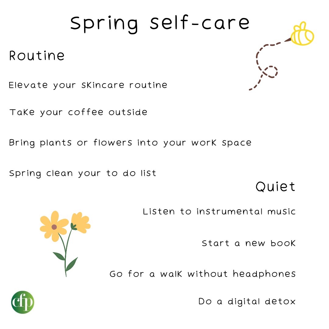 Centre4Psych's tweet image. Spring is the perfect time to 'spring clean' your self-care routines and activities. Take the chance to try new things and make the most of all of the nature that is coming back to life around us. 🌱

#springselfcare #selfcare #lookafteryourself  #selfcaresunday #mentalwellbeing