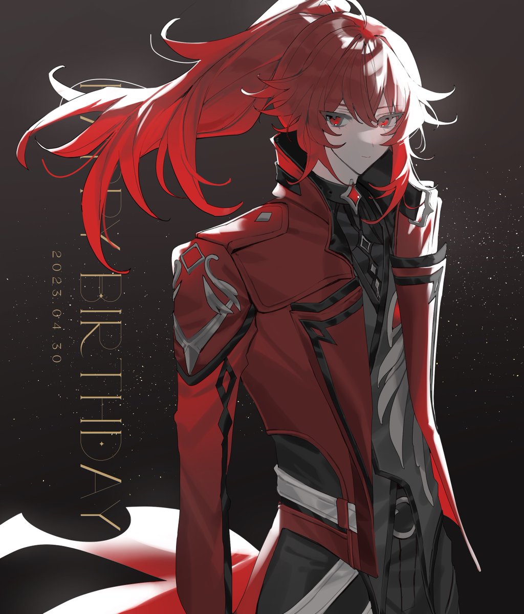 diluc (genshin impact) 1boy male focus red hair red eyes ponytail long hair solo  illustration images
