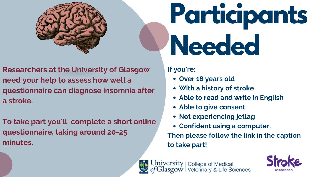 Declan M. McLaren (@dneuropsych) on Twitter photo #StrokeSurvivors commonly struggle with #sleep after their #stroke
If you've experienced a stroke, please help us improve how we detect #insomnia post-stroke by completing this survey: buff.ly/3UILXye
Please share
<a href="/TheStrokeAssoc/">Stroke Association</a> <a href="/StrokeScotland/">StrokeAssocScotland</a> #StrokeSurvivors commonly struggle with #sleep after their #stroke
If you've experienced a stroke, please help us improve how we detect #insomnia post-stroke by completing this survey: buff.ly/3UILXye
Please share
<a href="/TheStrokeAssoc/">Stroke Association</a> <a href="/StrokeScotland/">StrokeAssocScotland</a>