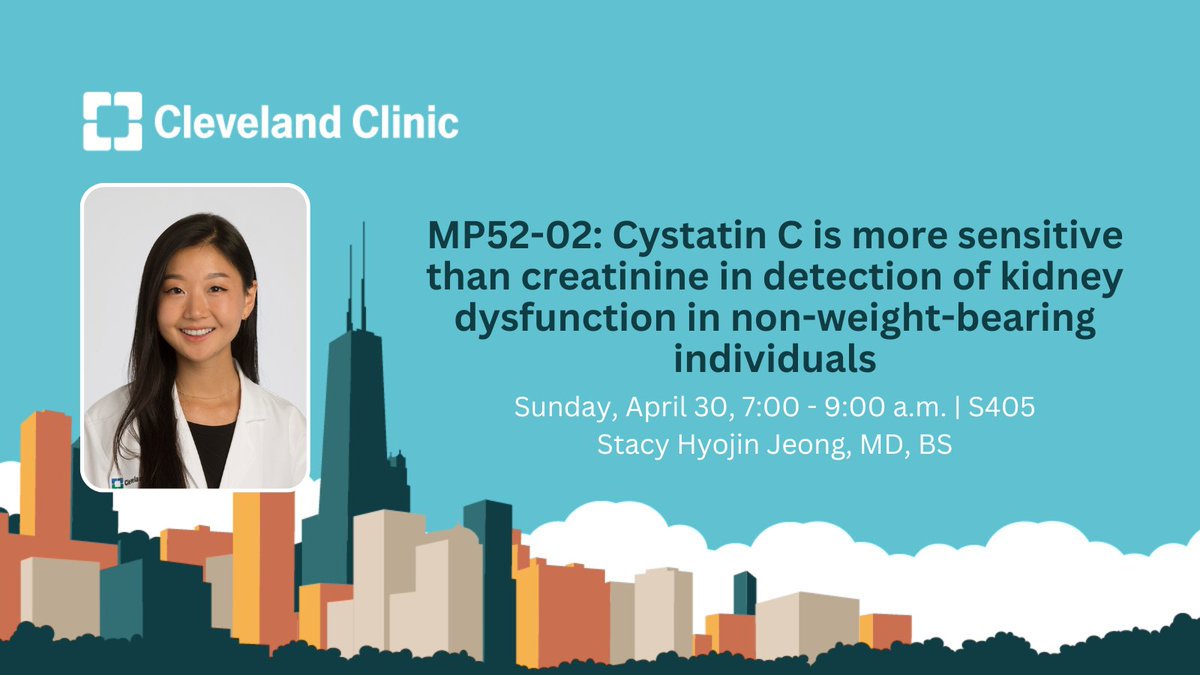 Cleveland Clinic Urology (@cleclinicuro) on Twitter photo MP52-02: Cystatin C is more sensitive than creatinine in detection of kidney dysfunction in non-weight-bearing individuals
Join <a href="/stacyjeong1/">Stacy Jeong</a> in S405 from 7:00 - 9:00 a.m. #AUA23 MP52-02: Cystatin C is more sensitive than creatinine in detection of kidney dysfunction in non-weight-bearing individuals
Join <a href="/stacyjeong1/">Stacy Jeong</a> in S405 from 7:00 - 9:00 a.m. #AUA23