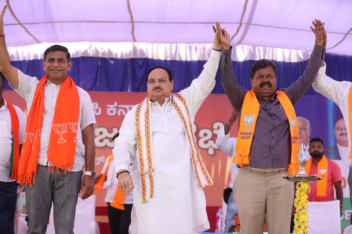 JPNadda's tweet image. Delighted to witness the affection of the people of Honnali towards the BJP.

Their enthusiasm is a testament to Karnataka&apos;s faith in the development oriented policies of the double engine government being laid on the ground by CM @BSBommai Ji, guided by PM @narendramodi Ji.