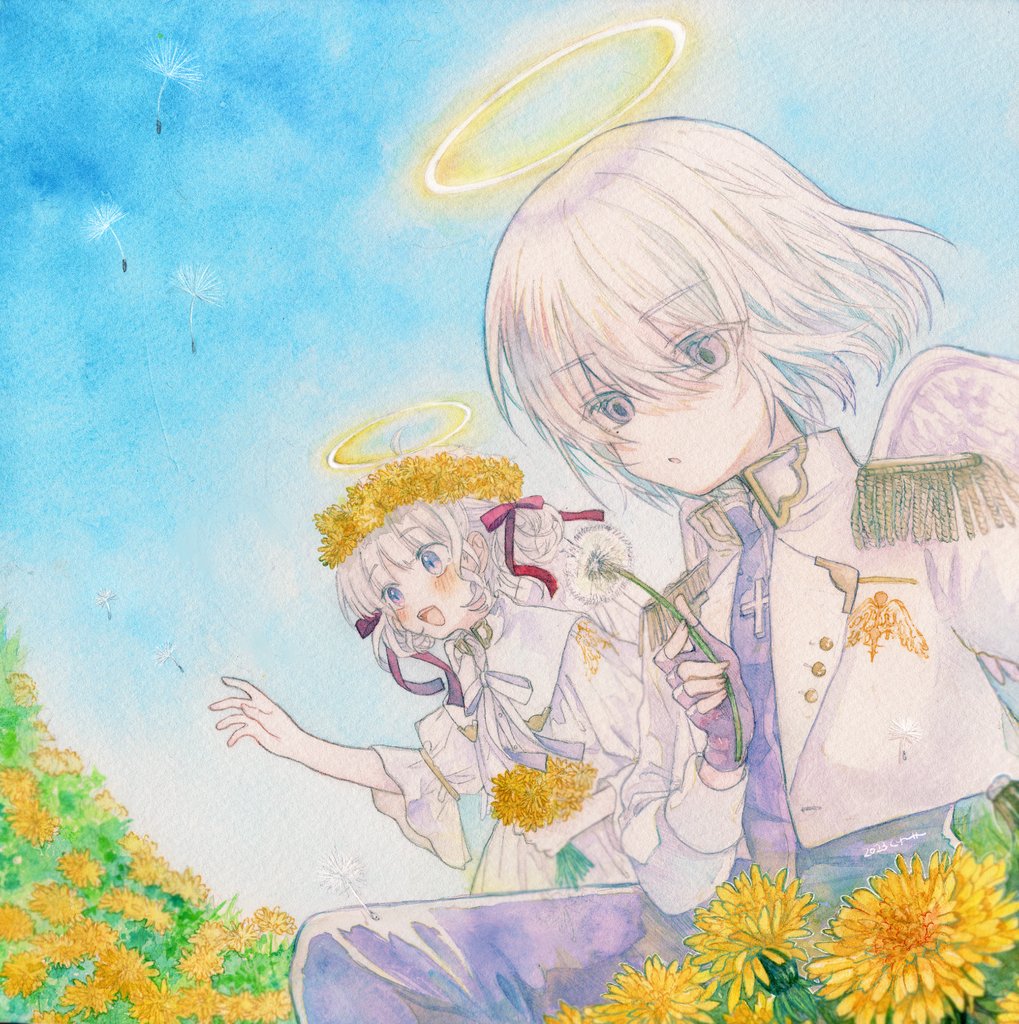halo flower angel fingerless gloves white hair wings blue eyes  illustration images