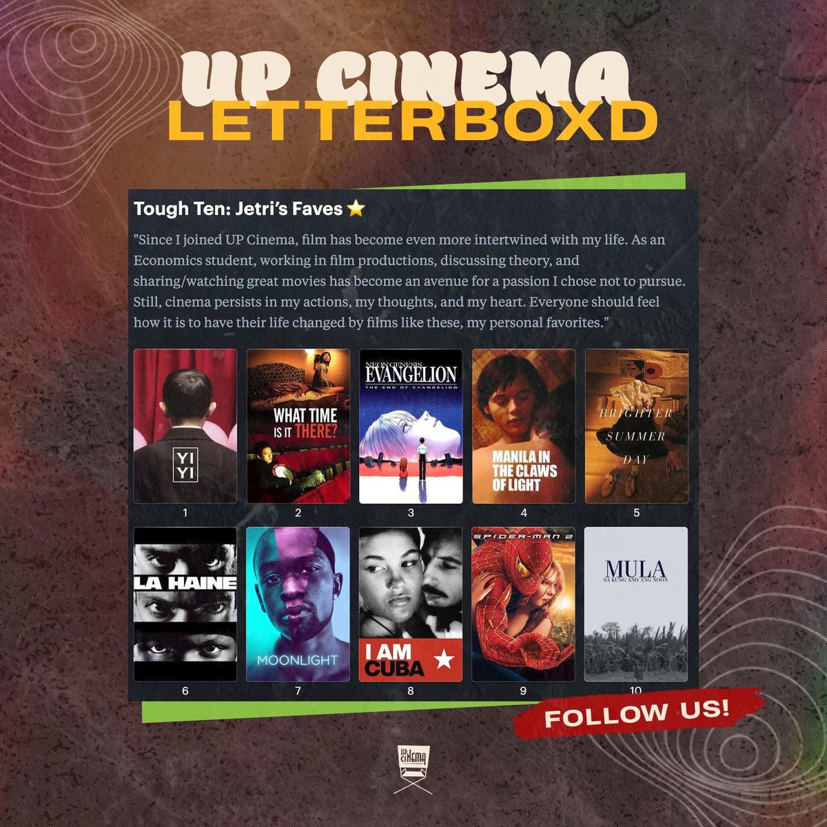 up_cinema's tweet photo. UP Cinema presents: Cinemaster Critics’ Circle’s faves! 🌟

Find out Cinemaster Jetri’s Tough Ten favorite films of all time. 🏆

📚 Read: https://t.co/3Gm9zRJpyf

Follow UP Cinema’s Letterboxd: https://t.co/UFTRLoII5W

#UPCinemaAt19
#CourageInCinema https://t.co/z3Xl7zvLB2