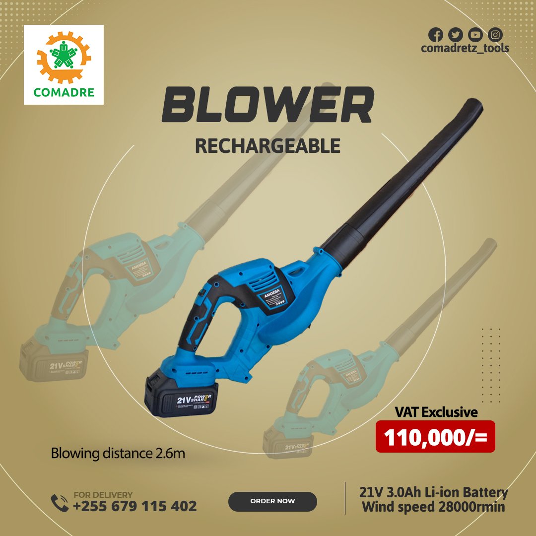 comadretz's tweet photo. Rechargeable Blower available.

Brand: AMOEBA

Battery Voltage:  21V 3.0Ah
Effective blowing distance:  2.6m
Air volume:  0.65m/min
Wind speed:  28000r/min

Price: Tshs. 110,000/= VAT Exclusive

Call us 0679 115 402 https://t.co/dxzwZfV4OC