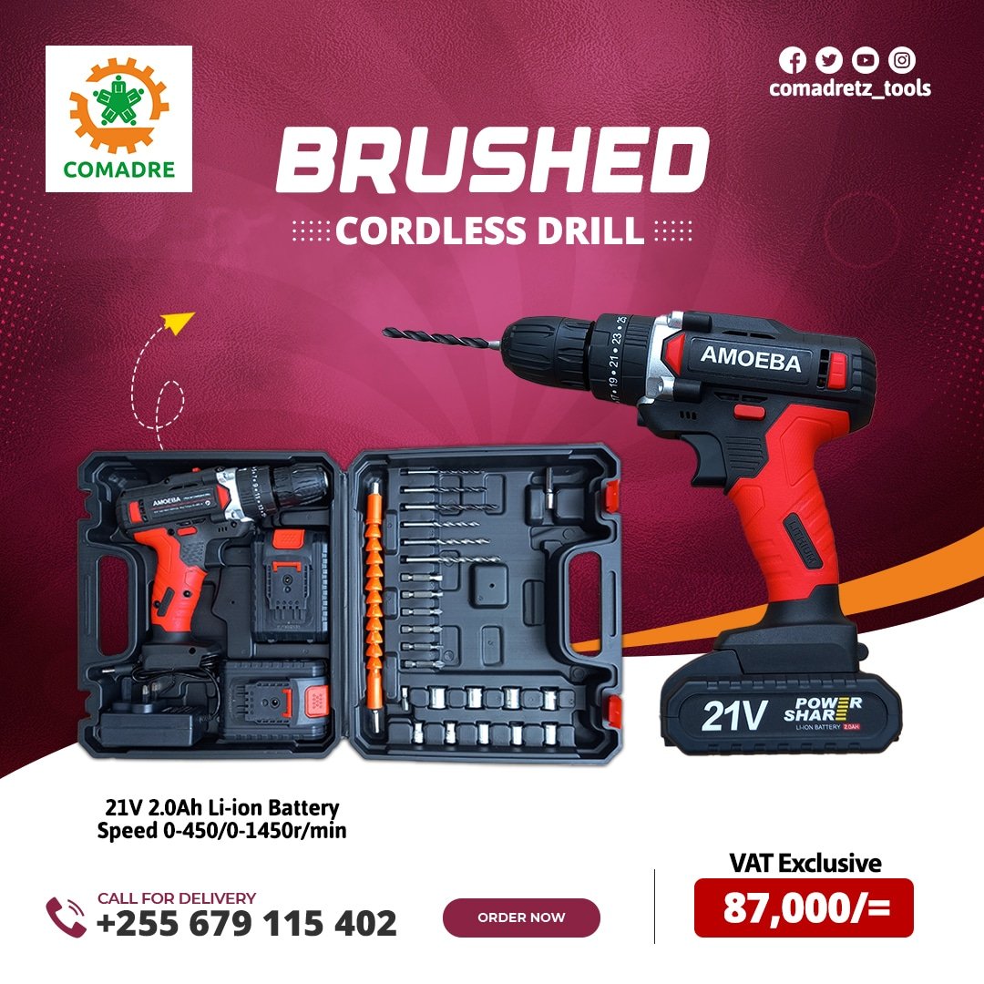 comadretz's tweet photo. Charging Drill now available

Price: Tsh. 87,000/= VAT Exclusive

Cordless Brushed Drill
21V 1.0Ah Li-ion Battery
No 0-450/1450r/min
Max. Torque 25 -28N.M

Call us +255 679 115 402 https://t.co/lawxCuWdvg