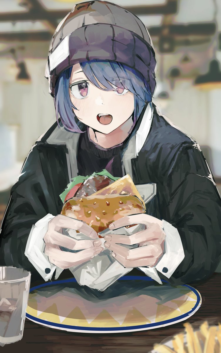 food 1girl burger solo blue hair hat french fries  illustration images