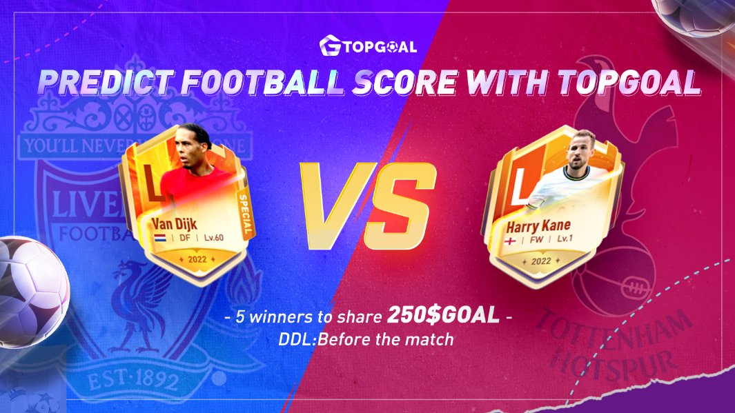 🎰Predict Football Score With TOPGOAL🎰

⚒️Upcoming match: <a href="/LFC/">Liverpool FC</a> vs <a href="/SpursOfficial/">Tottenham Hotspur</a>

💸5 winners will share 250 $GOAL

1⃣Follow
2⃣Tag3 +❤️+ RT
3⃣Comment your score
⏰Before kick-off

🤓Good luck and happy predicting!