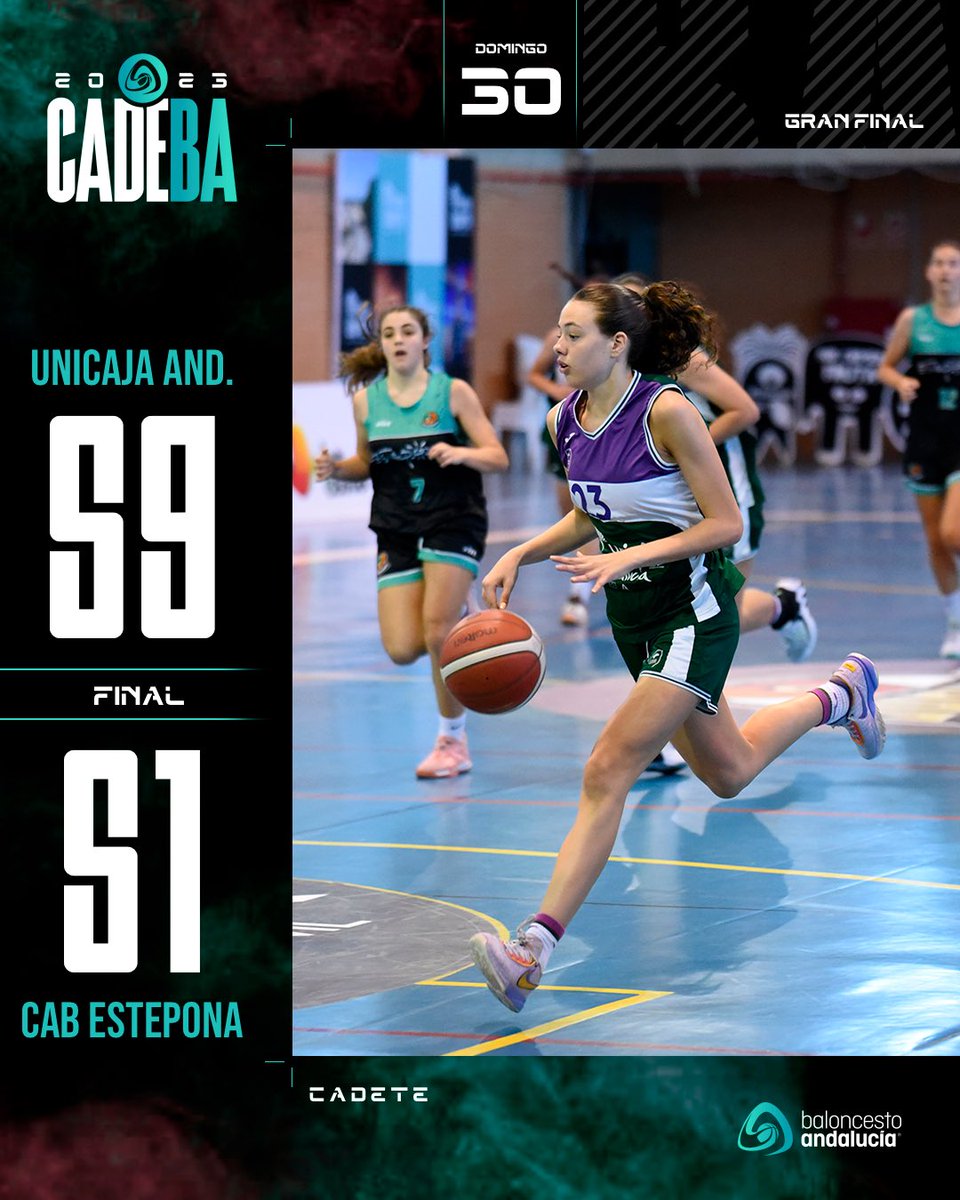 FAB_Andaluza's tweet photo. ⛹️♀️ #CADEBACF2023 | GRAN FINAL 🔚
🏆 ¡Unicaja se hace con el título tras una final de altura!
📍Hdez. Albarracín
🏀 @CanteraUnicajaC 5️⃣9️⃣-5️⃣1️⃣ @CABESTEPONA
📊 Afición FAB
#baloncestoandalucia
@urbaser_ @cajasur @TurismoAND @pontgrup @AytoPuntaUmbria https://t.co/EkUEkUqYGd