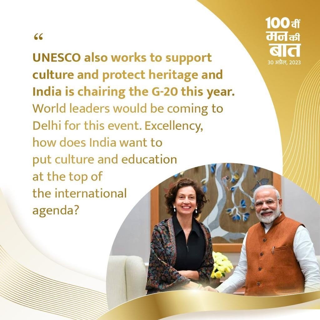 wilson10092003's tweet photo. 100th episode of Maan ki Baat by PM of India 
#MannKiBaat100
A special message has been received from UNESCO  Director-General Ms Audrey Azoulay regarding MannKiBaat100. She enquired about India's efforts regarding education and cultural preservation
via NaMo App https://t.co/1FOG9IOTjZ