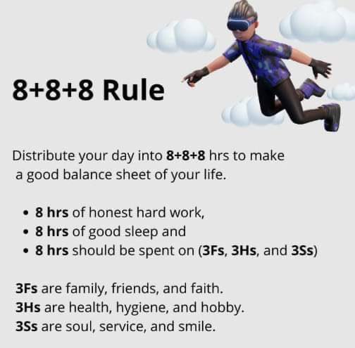 BOIOAVidarbha's tweet photo. 8+8+8 Rules for life 
Bankers must be follow as in very young age lots of bankers are having Diabetics, blood pressure and other stress induced diseased. 
Life is yours Choice is yours.
@SunilKu92687431
@nilesh_pawar15
@sanjaybpi
@AshishTekale_
#BankersNeedWorkLifeBalance https://t.co/IJswpPvxHV