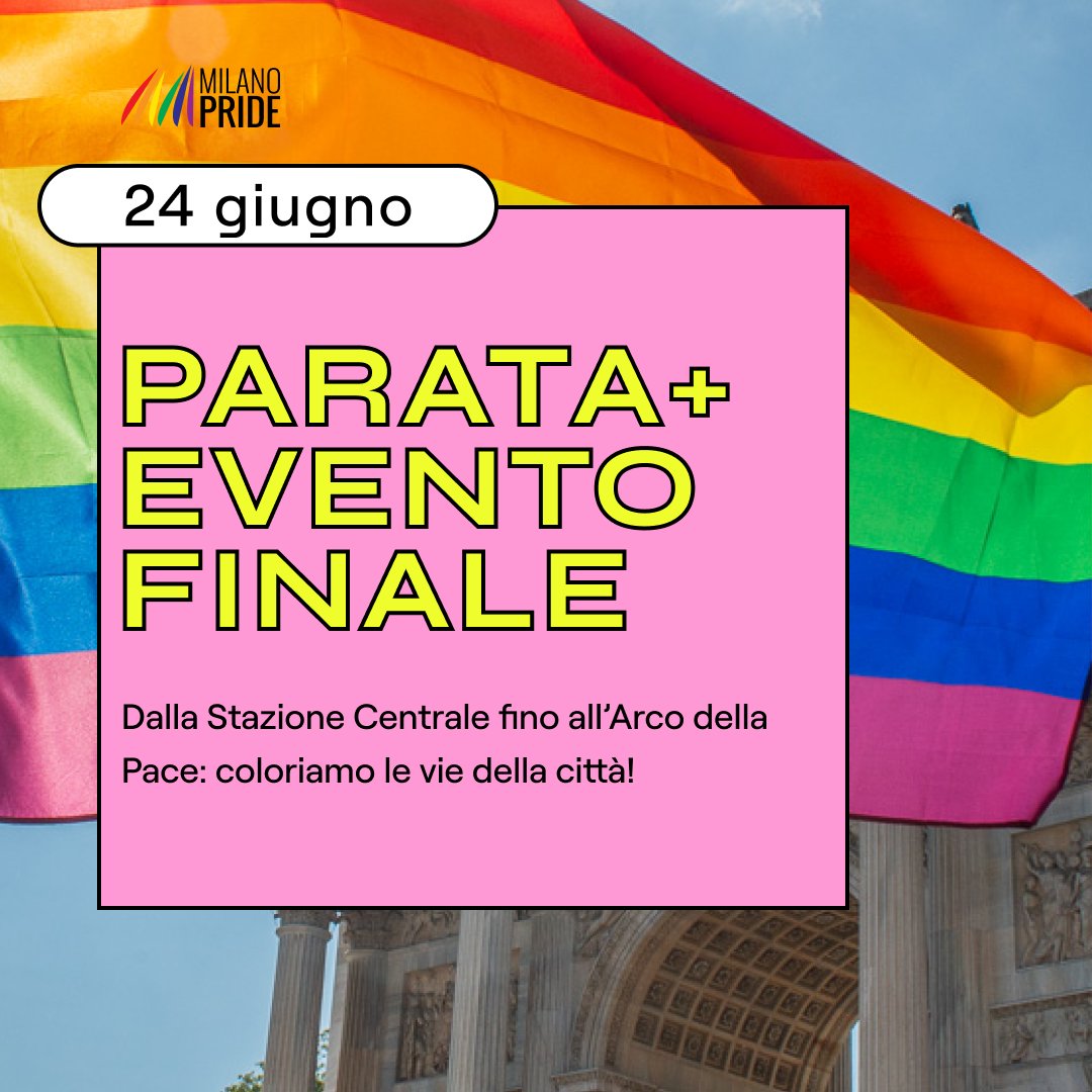 Manca poco al mese dell'orgoglio, il #MilanoPride si avvicina!

🌈 PRIDE MONTH: tutto giugno
🌈 PRIDE SQUARE: 22-23 giugno
🌈 PARATA+EVENTO FINALE: 24 giugno

Tutte le info saranno presto disponibili sul nostro sito: 
👉 milanopride.it