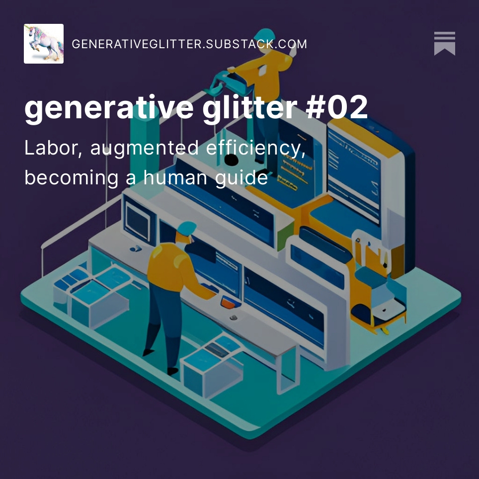 berdaniera's tweet photo. https://t.co/B83goAawWq 

The newest issue of generative glitter is out! This week is about labor and AI augmentation at work. Thrilling stuff. Check it out and then subscribe!

#AI #GPT #GenerativeAI #AIatwork @_buildspace https://t.co/cyK2go7XwT