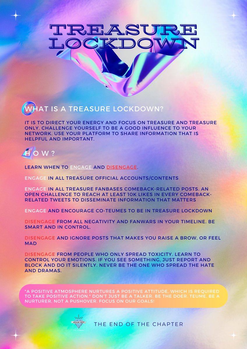 TREASUREunion's tweet image. #TREASURE_LOCKDOWN 🏁

📢A movement to focus on the upcoming comeback 

IDENTIFY the important stuff
FOCUS on our goals
AVOID fanwars

Let's unite as a fandom because together, we can achieve greater things. ✨

#트레저 #トレジャー #TREASURE 
@treasuremembers
