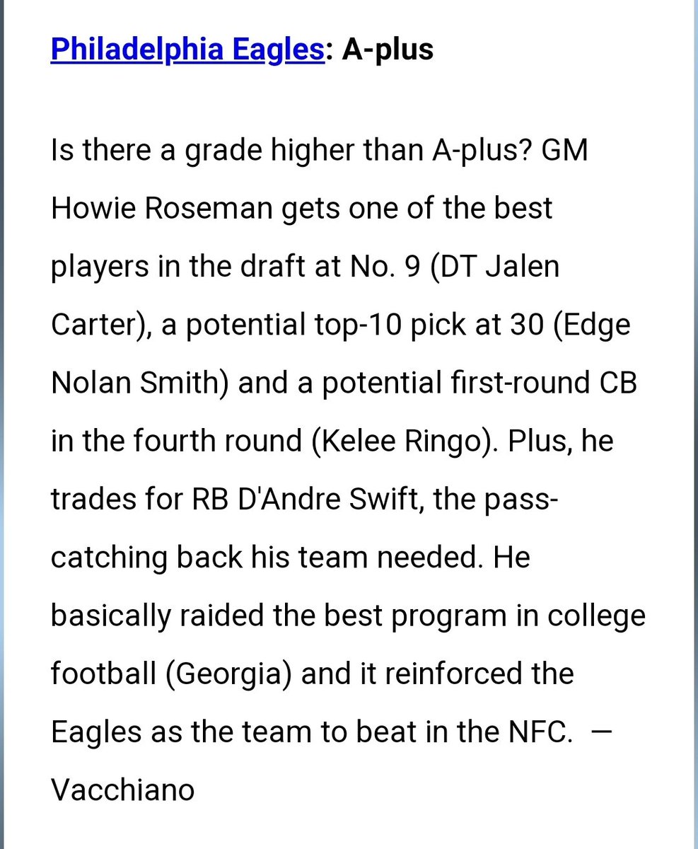 I know it's too early and #NFLDraft  grades don't matter but...much rather see <a href="/Eagles/">Philadelphia Eagles</a> get a bunch of A and A+ grades (only team to get A+ from several sites) than what the Cowboys got...