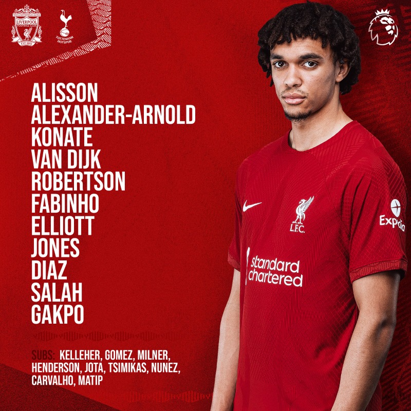 LFC's tweet photo. Team news is IN 📋🔴

This is how we line up for #LIVTOT 👊