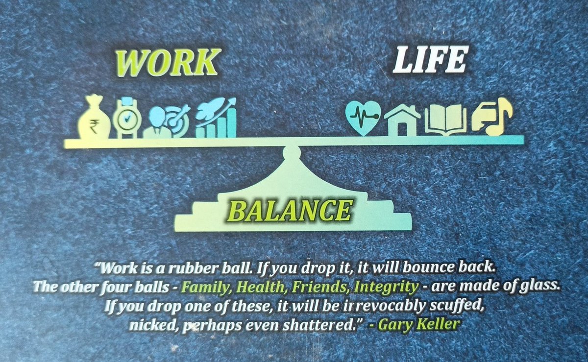 boioapune's tweet photo. Work is a rubber ball. If you drop it, it will bounce back. The other four balls—family, health, friends, and integrity—are made of glass. If you drop one of these, it will be irrevocably scuffed, nicked, perhaps even shattered.” —
Gary Keller

#BankersNeedWorkLifeBalance https://t.co/ytiiM9fcK0