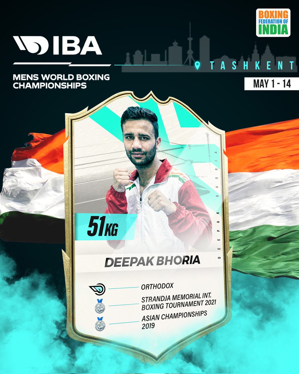 Playing his 2️⃣nd World Championships Deepak will have his 👀on the 🥇🔥💪

🥊 IBA Men's World Boxing Championships
🗓 May 1-14
📍 Tashkent, 🇺🇿

<a href="/AjaySingh_SG/">Ajay Singh</a> l <a href="/debojo_m/">Debojo  Maharshi</a>

#WorldChampionships
#PunchMeinHaiDum
#Boxing <a href="/Deepakbhoria19/">Deepak bhoria</a>
