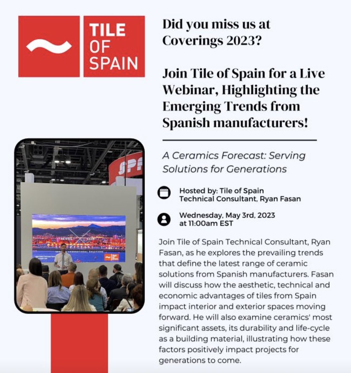 dolnick's tweet photo. Join Tile of Spain Technical Consultant, Ryan Fasan, as he explores the prevailing trends that define the latest range of ceramic solutions from Spanish manufacturers. #Tile #trends2023 #coverings2023 

Sign up for the webinar here: 
https://t.co/8MdiFNIrj3 https://t.co/owIprG2gPW