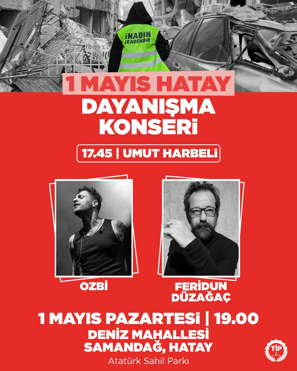 1 Mayıs'ta dayanışma konserinde şarkılarımızı söylemeye hazır mıyız?

Gelin 1 Mayıs konserinde, Samandağ'da buluşalım, emekten, alın terinden, yaşamdan, haklarından, özgürlüğünden vazgeçmeyenlerin, bizden çalınanların hesabını sormak isteyenlerin sesi olalım.

#TipSeninSesin