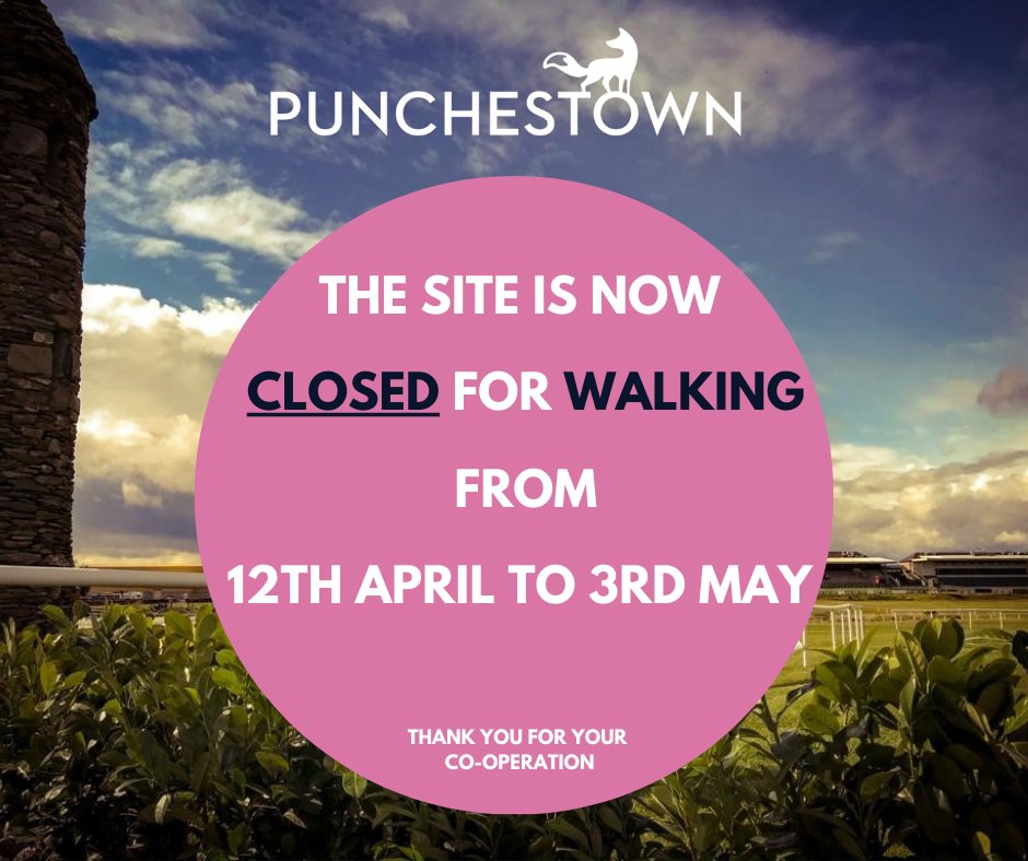 punchestownrace's tweet photo. *Public Notice* Please spread the word. 
It's festival time &amp; the team are working hard to prepare. The entire site is now closed for walking until 3rd May.  
We look forward to seeing you walking through the turnstiles from 25 - 29 April! 
#GiveBack #CommunityFacility #Support https://t.co/0L4YaKlD3Y