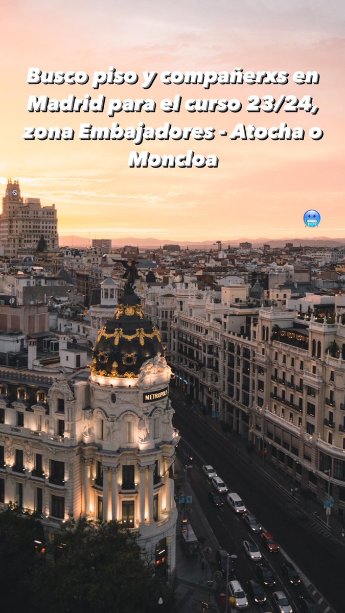nachoogarcia99's tweet photo. Busco piso y compañeros en Madrid para el curso que viene, zona Embajadores - Atocha o Moncloa.

Tengo 24 años, voy a estudiar el Master de Ingeniería Industrial en el campus de la UC3M de Leganés. Soy sociable, responsable y me gusta tener vida de piso🥶 Cualquier cosa DM https://t.co/snZoIvjJqz