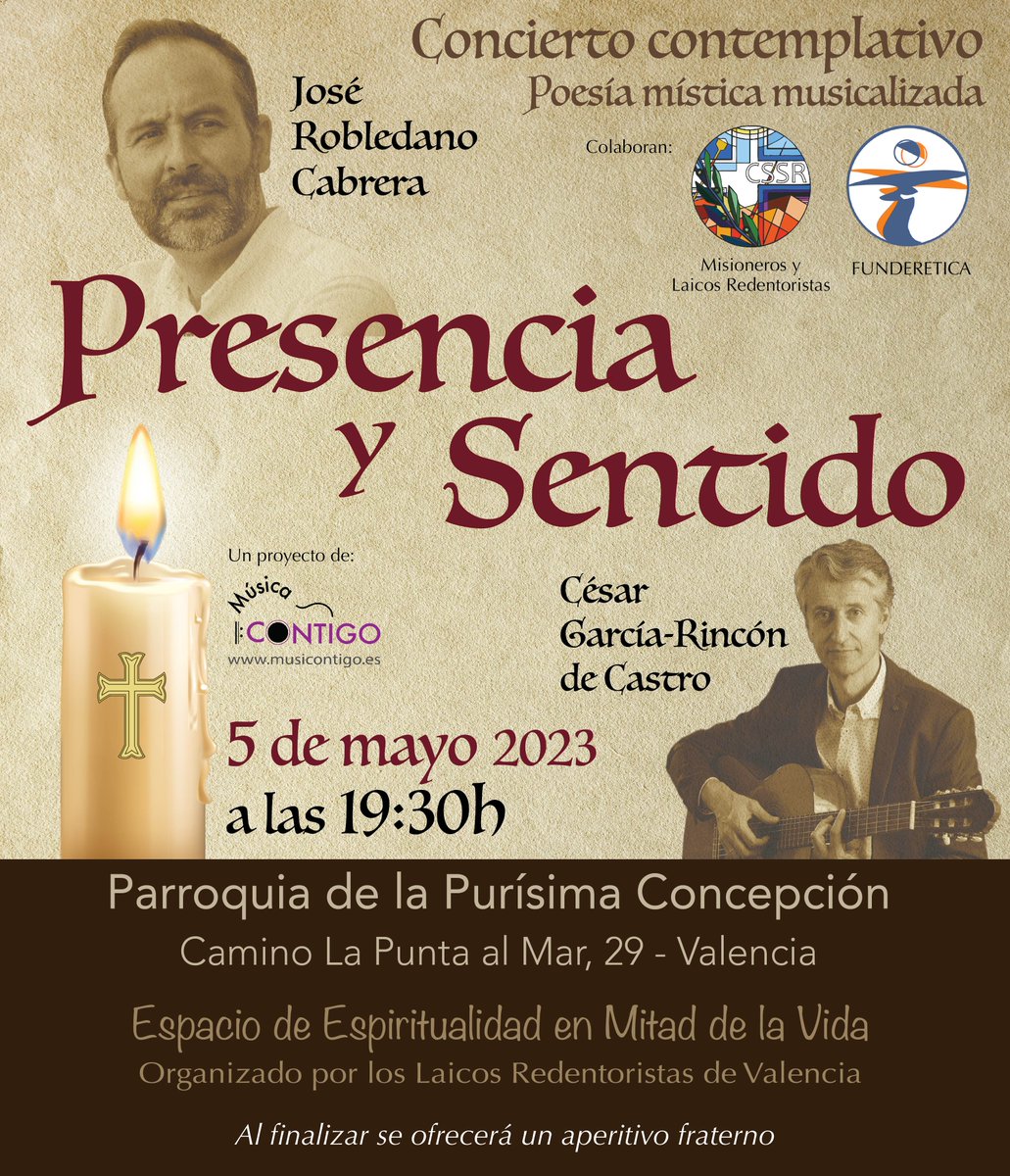 Próximo concierto #PresenciaYSentido con <a href="/JoseRobledano/">José Robledano Cabrera</a>  el sábado 5 de mayo en #Valencia, barrio de #Nazaret #MisionerosRedentoristas <a href="/RedentoristasES/">REDENTORISTAS MADRID</a>  #LaicosRedentoristas <a href="/funderetica/">FUNDERÉTICA</a>
