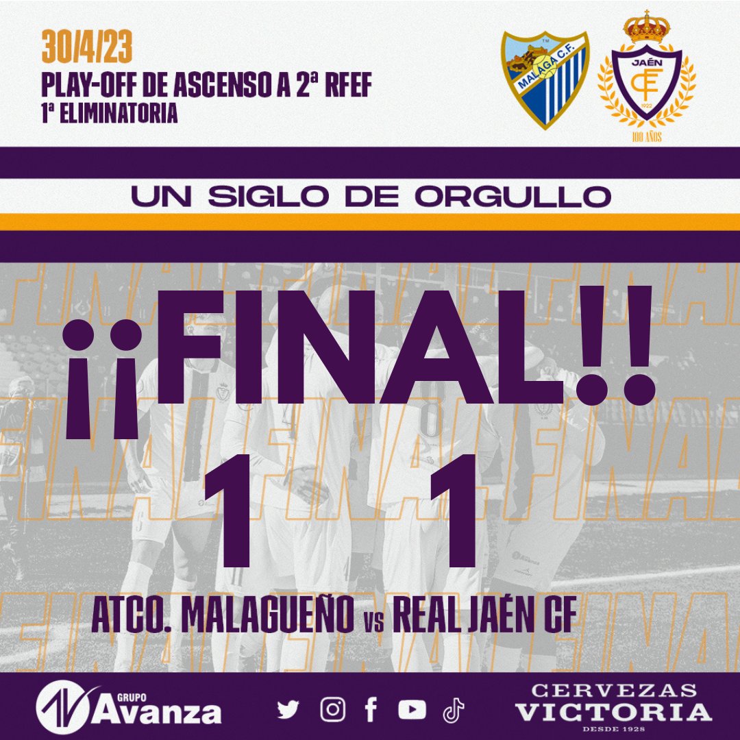 RealJaenCF's tweet photo. 🔴 𝗗𝗜𝗥𝗘𝗖𝗧𝗢 | PLAY OFF 1ª ELIMINATORIA

Atl. Malagueño 1 - 1 Real Jaén C.F

FINAL EN EL CAMPO DE LA FEDERACIÓN MALAGUEÑA.

En 7 días se decide la eliminatoria en el partido de vuelta en La Victoria, después del empate de hoy.

#MalagueñoRealJaen
#directo https://t.co/FCy8BnyzZx