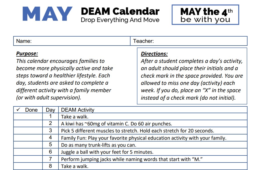 The May DEAM (Drop Everything And Move) Calendar is available for download in our Active Home module! Great way to get families moving at home during #PlayAllMay with our partners <a href="/ActiveSchoolsUS/">Active Schools</a>! We are #teachershelpingteachers! #physed openphysed.org/activeschools/…