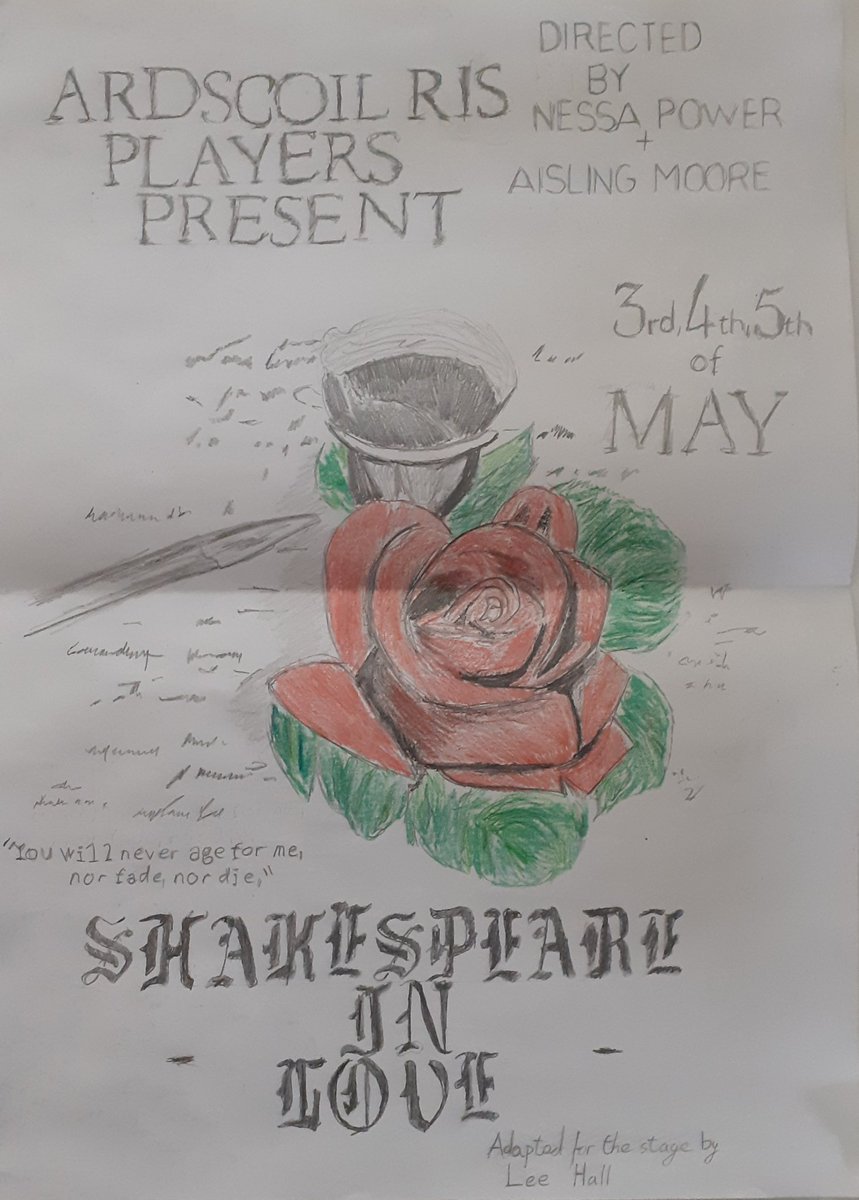 Ardscoil Rís Players, now in its 20th year, present the stage version of 'Shakespeare in Love' in Ardscoil Rís study hall on 3rd, 4th and 5th May at 7.30pm. Come and watch the talented actors from 1st to 6th year take to the stage. We look forward to seeing to there!