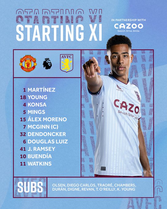 Aston Villa team to face Manchester United: Martínez, Young, Konsa, Mings, Álex Moreno, McGinn (captain), Dendoncker, Douglas Luiz, Jacob Ramsey, Buendía, Watkins. Substitutes: Olsen, Diego Carlos, Traoré, Chambers, Durán, Digne, Revan, Tommi O'Reilly, Kadan Young.